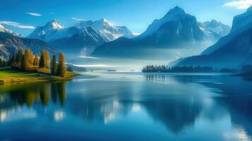 A breathtaking mountain landscape showcases a lake with a stunning reflection of the snowy peaks. photo