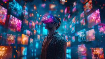 A man wearing a vr headset is immersed in a vibrant virtual world full of screens. photo