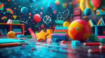 A whimsical collection of colorful toys and geometric shapes, perfect for a child's room. photo