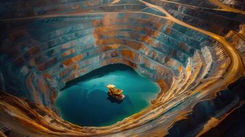 A vast open-pit mine with a serene blue lake and a massive dump truck on its surface. photo