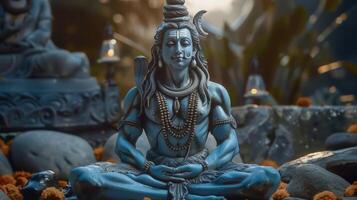 A detailed depiction of Lord Shiva's statue in a meditative posture, radiating peace. photo