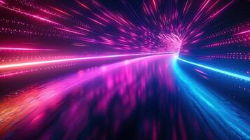 A vibrant, futuristic tunnel with glowing neon lights creating a sense of speed and energy. photo