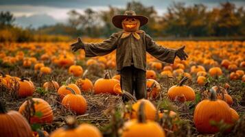 A friendly scarecrow stands amidst a field of pumpkins, welcoming autumn's arrival. photo