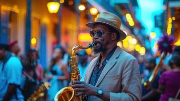 A saxophonist performs on a city street at night, surrounded by an engaged crowd enjoying the live music. photo