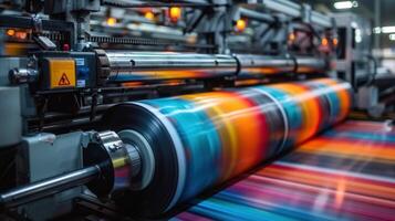 Vibrant printing press in motion, showcasing the rapid creation of colorful printed media. photo