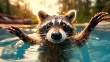 A cute raccoon takes a dip in the pool, its paws raised and eyes wide open, enjoying the water. photo
