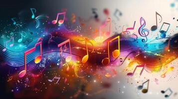 Artistic image of musical notes flowing through colorful, dynamic, and vibrant waves. photo