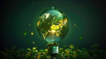 An illuminated lightbulb revealing the world's continents, set amidst a bed of green plants. photo