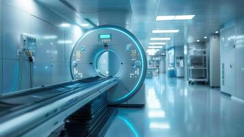 A modern CT scanner positioned in a brightly illuminated hospital room, ready for patient scans. photo