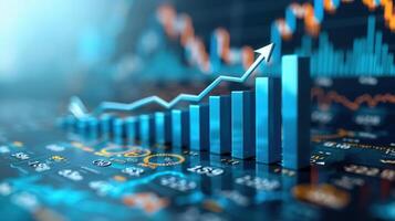 Illustration of a business chart, with an arrow pointing upwards, representing financial growth. photo