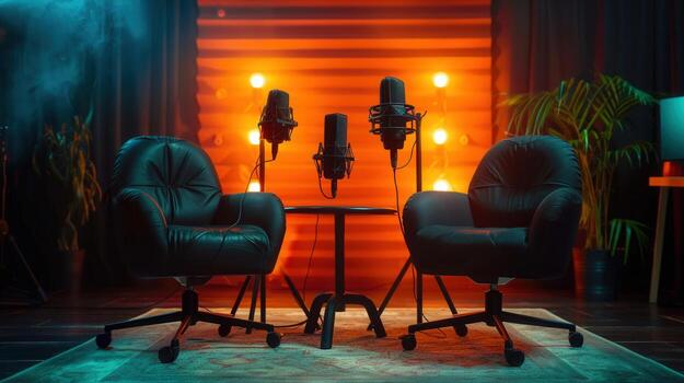acogedor podcast estudio presentando micrófonos conjunto arriba para un grabación sesión o entrevista. foto