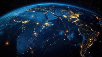 Stunning view of Earth at night, with illuminated cities and connected lines. photo