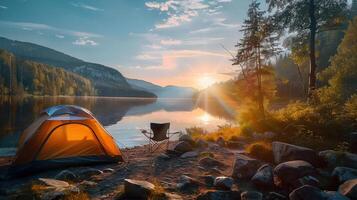 A peaceful campsite by a serene lake at dawn, illuminated by the golden sunrise in nature. photo