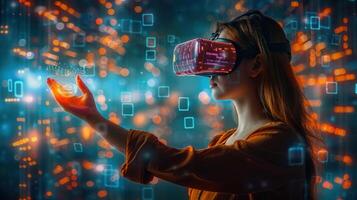 A woman in a vr headset reaching towards a digital interface of floating glowing particles. photo