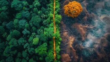 Aerial image shows contrasting landscapes depicting healthy forest and deforestation. photo