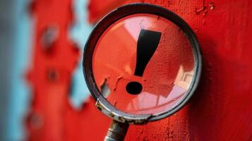 A magnifying glass focuses on an exclamation point, signaling important information in a red setting. photo