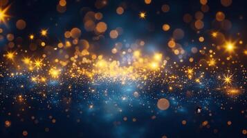 A mesmerizing abstract background of sparkling golden lights and blue bokeh effect. photo
