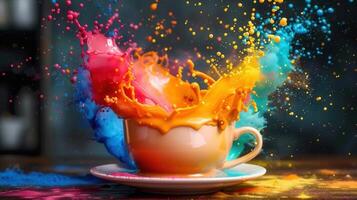 A coffee cup explodes with a dazzling array of colors in a captivating splash effect. photo