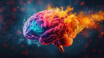 A vibrant, stylized representation of the human brain with a burst of energy and fire. photo