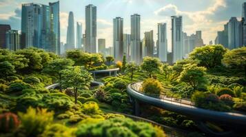 The image shows a beautifully designed urban park blending nature with modern city structures. photo