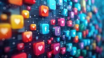 Colorful social media icons and symbols floating in a digital, 3d rendered abstract background. photo