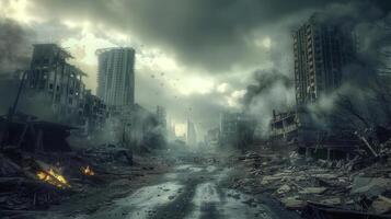 A desolate urban landscape shows the remains of a city devastated by war or a major cataclysmic event. photo
