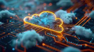 A glowing cloud icon sits on a circuit board, representing cloud computing and data. photo