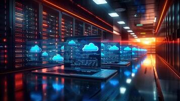 Modern data center with laptops displaying cloud computing data against a server background. photo