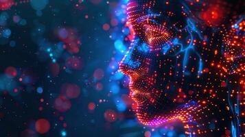 A mesmerizing digital representation of a human face, formed by glowing particles of light. photo