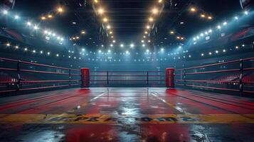 An empty boxing ring awaits the fighters in a stadium filled with bright lights ready for a bout. photo