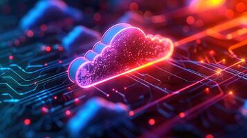 Glowing cloud symbol over a circuit board represents cloud computing and technology. photo
