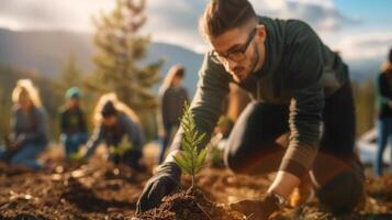 A dedicated team plants a young tree, symbolizing community and environmental responsibility. photo