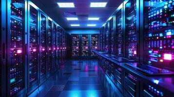 A futuristic data center with rows of servers illuminated by vibrant blue and purple lights. photo