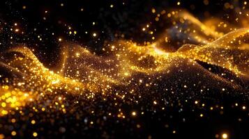 A captivating abstract image features shimmering golden particles against a deep, black backdrop. photo