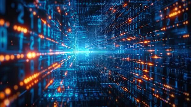 futurista digital túnel exhibiendo binario código y brillante luces, ideal para tecnología efectos visuales foto