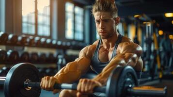 Focused bodybuilder lifts weights, emphasizing strength and dedication in a modern gym setting. photo
