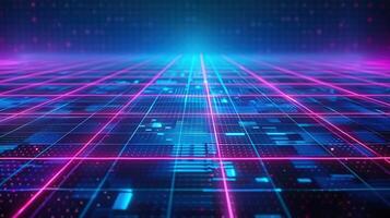 Stunning digital grid with bright neon lines representing advanced technology concepts. photo