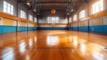 An empty indoor basketball court with polished wood flooring and natural light streaming through the windows. photo