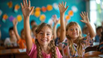 Smiling kids raising hands in class, showing their enthusiasm for education in the school. photo