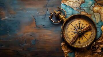 A captivating vintage compass rests upon a world map over a wooden surface, showing direction. photo