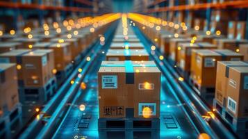 Cardboard boxes being transported on a conveyor belt in a warehouse environment. photo