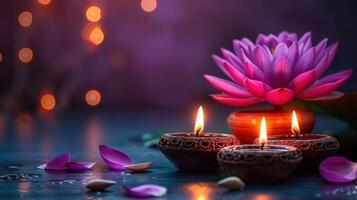 Close-up shot of lit candles, a vibrant lotus flower, and scattered petals for a serene ambiance. photo