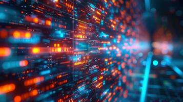 Abstract digital data visualization featuring bright orange and blue lights and a futuristic theme. photo