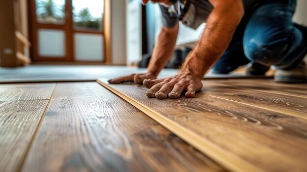 de cerca de un carpintero manos instalando de madera piso tablones en un nuevo hogar proyecto. foto