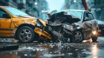 A devastating car collision scene with severely damaged vehicles after a major crash. photo
