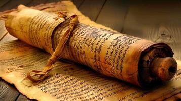 Close-up view of an antique scroll with visible text, aged paper and intricate details. photo