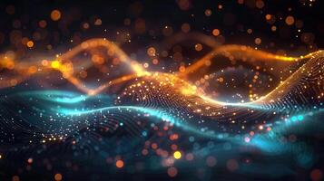 A stunning abstract digital illustration depicting a futuristic, glowing landscape with bokeh and flowing waves. photo