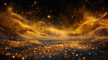 Golden glitter particles float, creating an elegant, glowing abstract background. photo