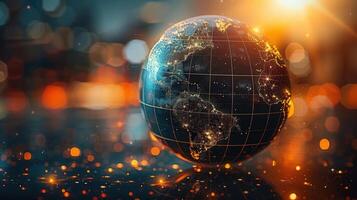 The globe of Earth is illuminated, with city lights highlighting global connections at night. photo