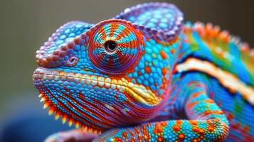 Spectacular view of a panther chameleon's vibrant skin, showing colorful, patterned scales up close. photo